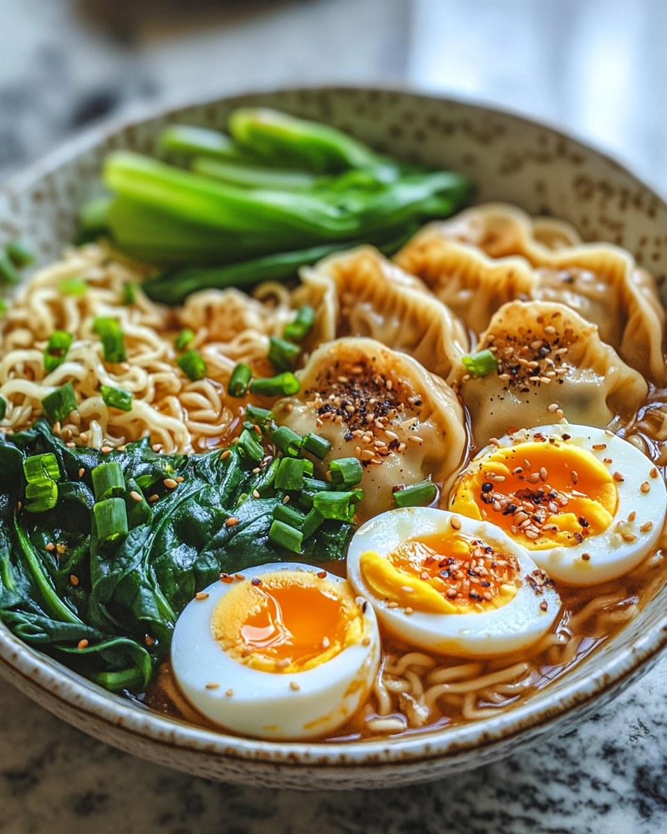 Mouthwatering Savory Dumpling Ramen Bowl with Soft Boiled Eggs and Fresh Greens Slurp Worthy Perfection